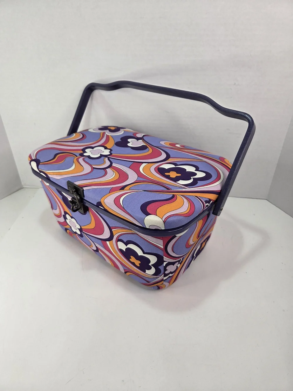 VTG. 1960-70s Peter Max Style Print Sewing Basket Groovy Flower Power Colors